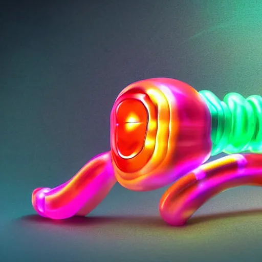 Image similar to a futuristic robotic gummi worm. dramatic product lighting. it's a gummi with extra juiciness. but it's also a worm. ick. in a magical side alley, the worm is sold out of a trendy food truck. digital art, sci - fi, fantasy, fairytale, imax, 4 k.