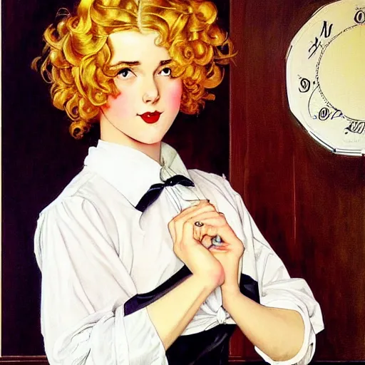 Image similar to beautiful painting of Lucius as a French maid with long pale curly blond hair, beautiful androgynous young man, very very light fluffy curly blond hair, he wears a white secretary shirt and black miniskirt, pinup poster by J.C Leyendecker and Norman Rockwell