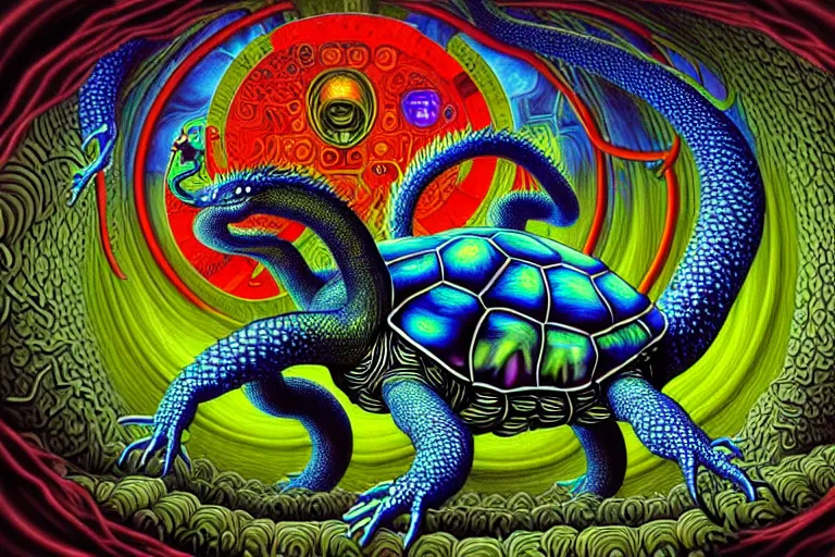 Image similar to a detailed digital art painting of a cell shaded cyberpunk ornate magick oni dragon with occult futuristic effigy of a beautiful field of mushrooms that is a adorable turtle atomic latent snakes in between ferret biomorphic molecular psychedelic hallucinations in the style of escher, alex grey, stephen gammell inspired by realism, symbolism, magical realism and dark fantasy, crisp