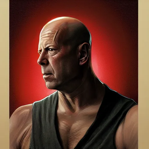 Prompt: portrait of bruce willis starring korben dallas, distopic, the fifth element, futuristic, science fiction, intricate, headshot, highly detailed, digital painting, artstation, concept art, sharp focus, cinematic lighting, illustration, art by artgerm and greg rutkowski, alphonse mucha, cgsociety