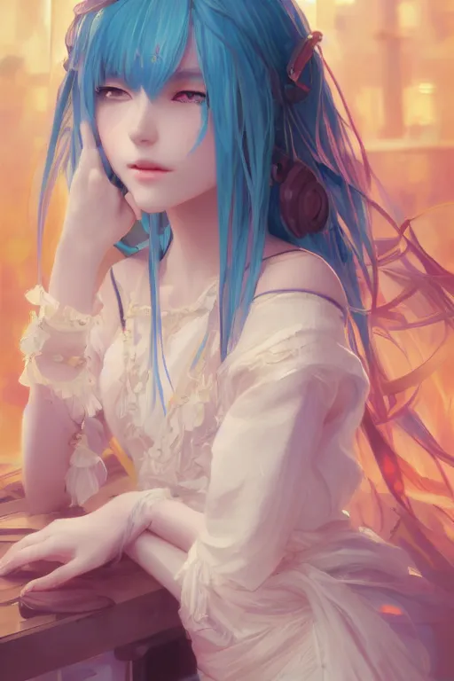 Image similar to beautiful, miku, final fantsy, digital painting, portrait , cinematic lighting, highly detailed, artstation, concept art, illustration, smooth, sharp focus, editor's pickup, trending on artstation, trending on deviantart, alphonse mucha, WLOP