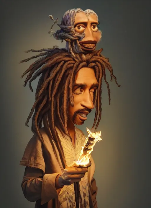 Prompt: an anthropomorphic beautiful male wizard portrait holding torch wearing batik robe, dreadlock breed hair, fine art, award winning, intricate, elegant, sharp focus, octane render, hyperrealistic, cinematic lighting, highly detailed, digital painting, 8 k concept art, art by jamie hewlett and z. w. gu, masterpiece, trending on artstation, 8 k