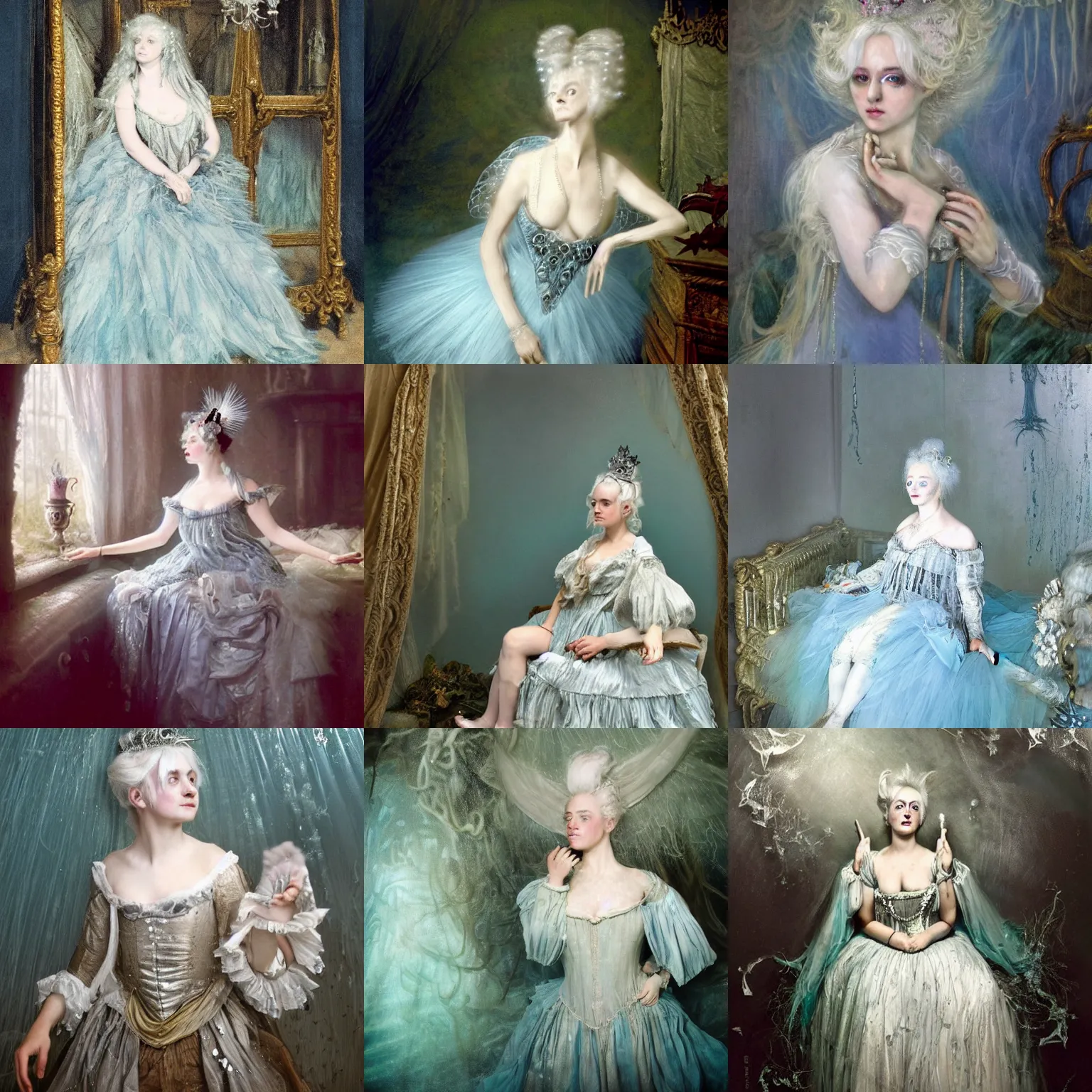 Prompt: A silver haired mad, narcissistic, ghost like fairy princess from the 18th century, dressed in a ragged, dirty, Queen Victoria's wedding dress is drinking tea in her luxurious, horroristic underwater room. mystical, atmospheric, greenish blue tones, underwater photography, concept art by Annie Stegg Gerard, Ian David Soar, John Anster Fitzgerald, and John Everett Millais