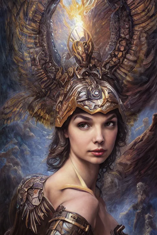 Image similar to Mystical Valkyrie, Gal Gadot, hybrid, Anya Taylor-Joy, Portrait of a beautiful female Reptilian warrior, Regal, Realistic, Refined, Detailed Digital Art, Josephine wall, Oil Painting, William-Adolphe Bouguereau, Art Frahm, Esao Andrews, Steampunk, Walt Disney (1937), Highly Detailed, Cinematic Lighting, Unreal Engine, 8k, HD