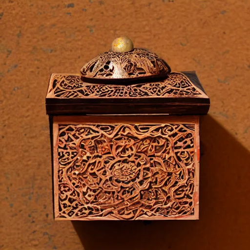 Prompt: a small arabesque carved wooden box with the lid open displaying a magic orange glowing orb inside. the box is sitting an old weathered wooden tabel top cluttered paper and magazines, hyper detail, dramatic lighting, art by samma van klaarbergen