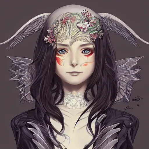 Image similar to anime manga skull profile, young woman, elf, galadriel, wings, Tolkien, unreal engine, intricate, elegant, highly detailed, digital art, art by JC Leyendecker and sachin teng