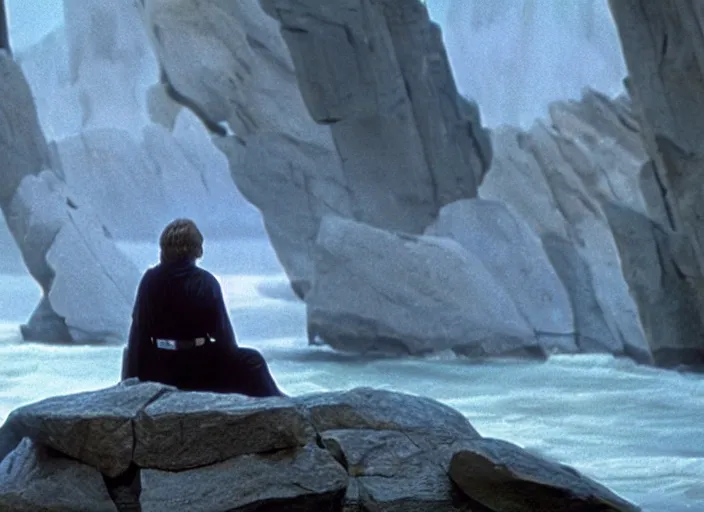 Image similar to screenshot of Luke Skywalker using the force to make rocks float around him, sitting outside on the rocky jedi temple, famous scene from the last jedi, 1980s film directed by Stanley Kubrick cinematic lighting, moody cinematography, with anamorphic lenses, crisp, detailed portrait, 4k image