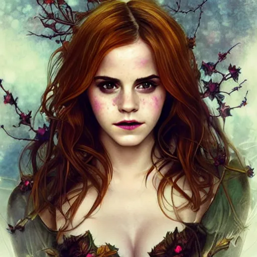 Image similar to Emma Watson Poison Ivy, cute, fantasy, intricate, elegant, highly detailed, digital painting, 4k, HDR, concept art, smooth, sharp focus, illustration, art by artgerm and H R Giger and alphonse mucha