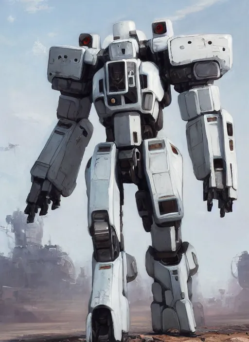 Image similar to an intricate oil painting of a giant pristine white mechsuit mecha mech with rounded components and tarpaulin cloak by kallamity, by ian mcque inspired by nier : automata, clean white lab background