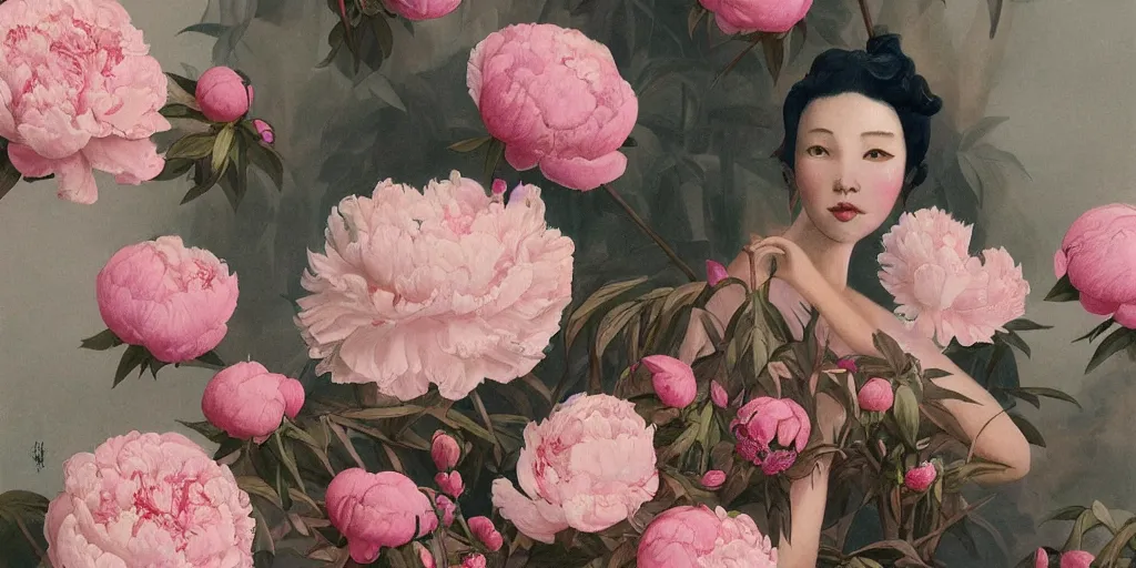 Prompt: breathtaking detailed concept art painting blend of few pink short hair goddesses of peonies flowers by hsiao - ron cheng with anxious piercing eyes, vintage illustration pattern with bizarre compositions blend of flowers and fruits and birds by beto val and john james audubon, exquisite detail, extremely moody lighting, 8 k