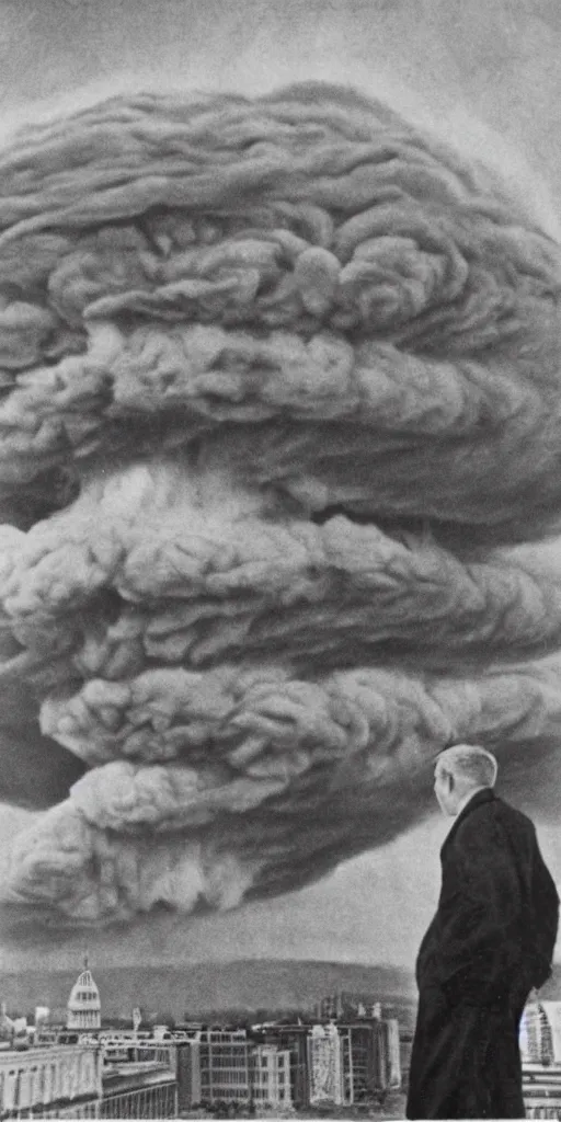 Image similar to United States President viewing the destruction of the Capital, Nuclear Cloud, 1958, Oil on Canvas, Antiwar, full body