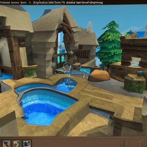 Image similar to runescape playing in the hot tub with wizard101 scenery, hyperrealistic, photo realistic, realistic, beautiful white lighting, in the middle of the day