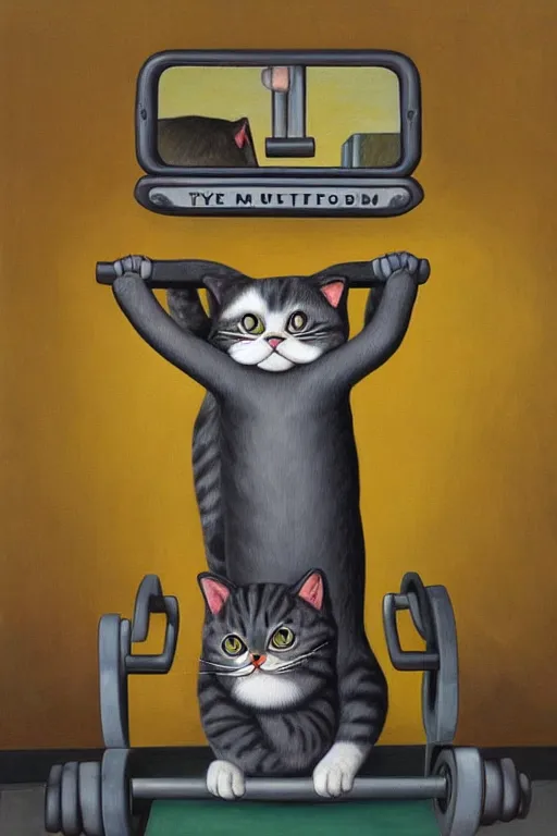 Image similar to anthro cat working out in the gym, an ultrafine detailed painting by mark ryden, trending on deviantart, pop surrealism, whimsical, lowbrow, grotesque