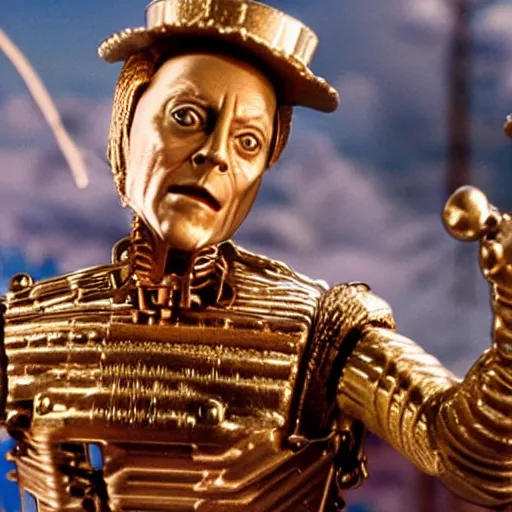 Image similar to a still from a tv commercial for an action figure of christopher walken as the tin man from the wiz the movie, 4 k, highly detailed, award winning, look at all that detail!