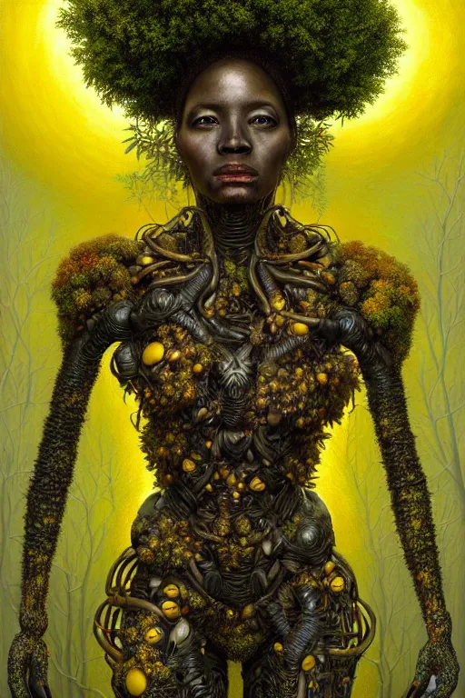 Prompt: hyperrealistic super expressive! black woman with detailed exoskeleton armor, merging with tree in a forest, digital painting masterpiece brad kunkle hannah yata dramatic pearlescent yellow light low angle hd 8k sharp focus