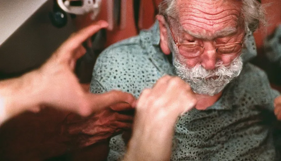 Image similar to 7 0 s movie still of a old man with trypophobia hands in the hospital, cinestill 8 0 0 t 3 5 mm eastmancolor, heavy grain, high quality, high detail