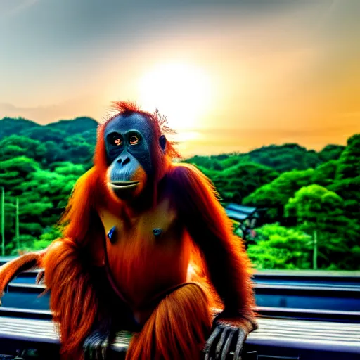 Image similar to a orangutan on top of a train in japan under a beautiful orange setting sun smoking a blunt with shades ok 4 k