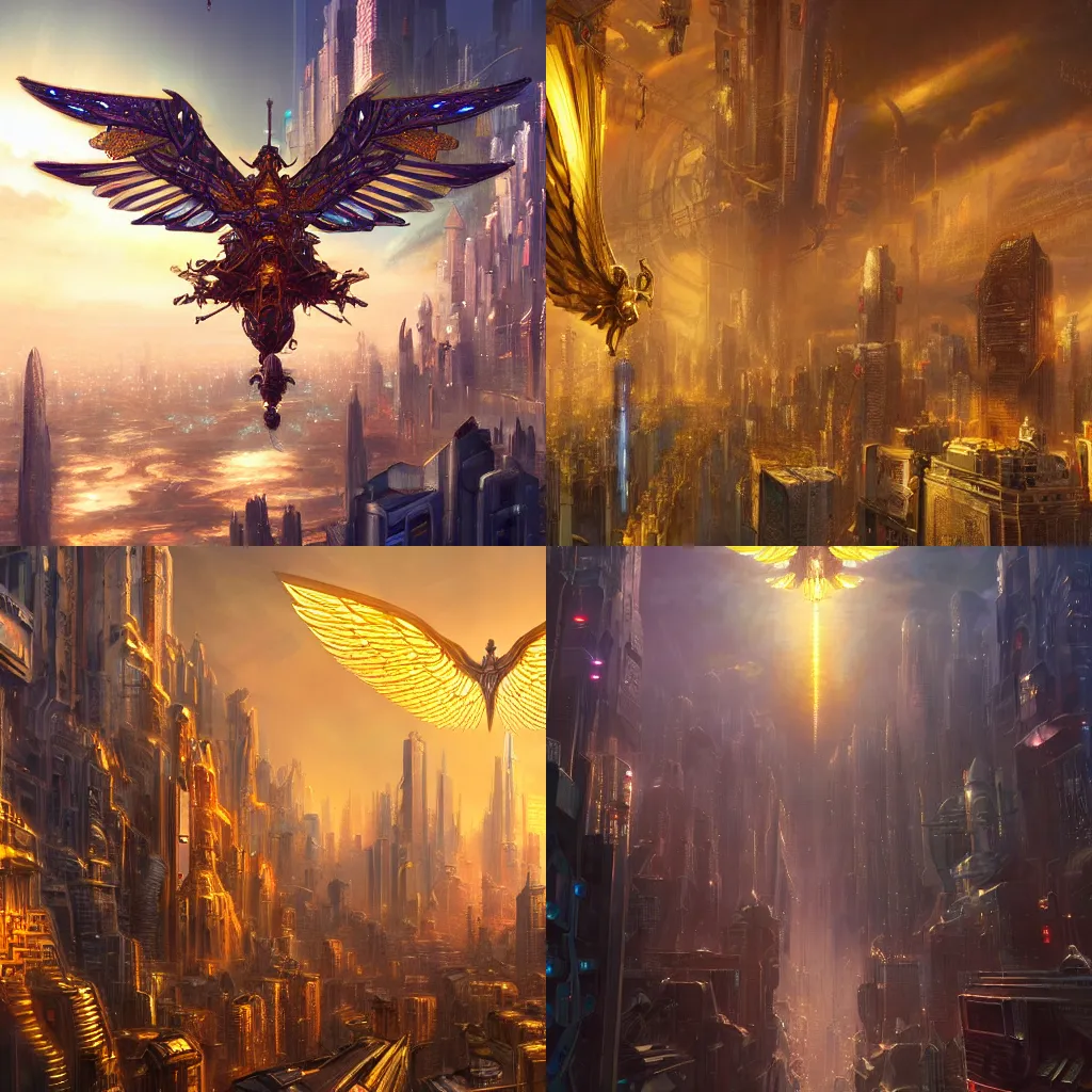 Prompt: golden prism biblically-accurate seraphim flying over a cyberpunk metropolis by Justin Gerard, Stephan Martiniere, and Quentin Mabille, detailed, dusk, intricate shading, volumetric lighting, artstation, 4k