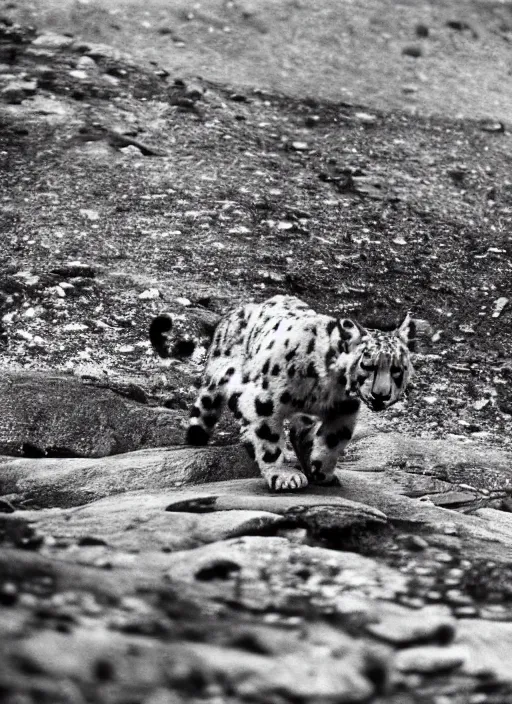 Image similar to a white and black snow leopard walking on a rock, a photograph by robert frank, naturalism, sharp focus, creative commons attribution