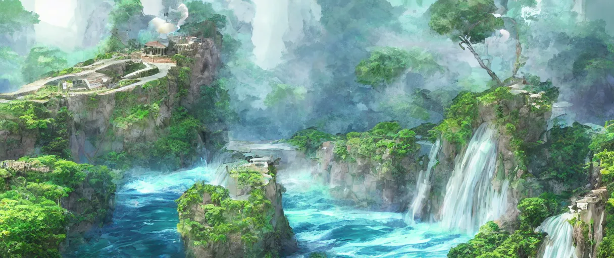 Image similar to a small crumbling island with waterfalls flowing off the island, floating in space, studio ghibli, digital art, detailed, depth of field