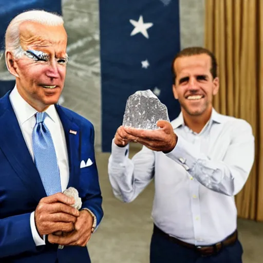 Image similar to UHD candid photo of Joe Biden holding up a big quartz crystal with Hunter Biden holding a torch, UHD, photorealistic, correct face, photo by Annie Leibowitz