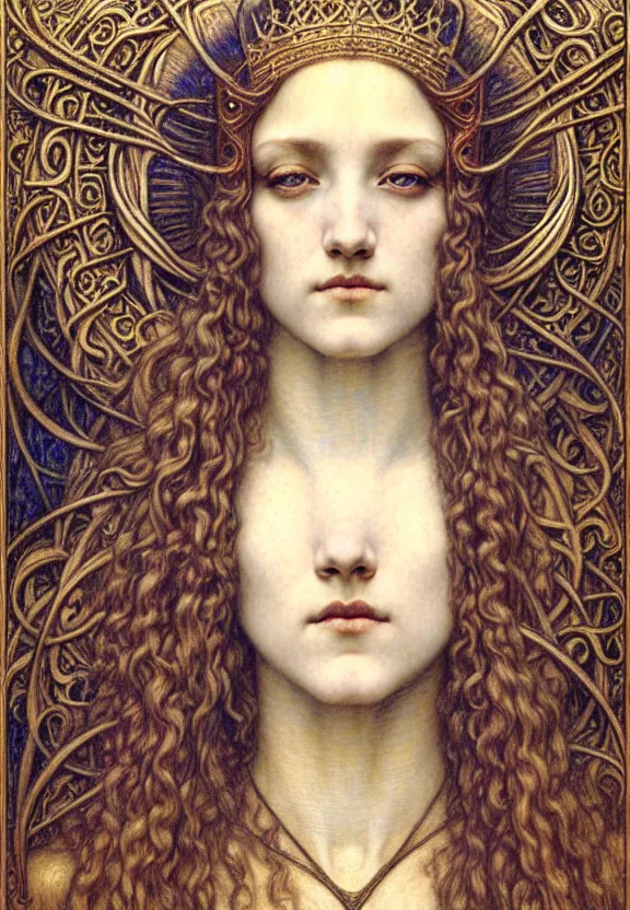 Image similar to detailed realistic beautiful young medieval queen face portrait by jean delville, gustave dore and marco mazzoni, art nouveau, symbolist, visionary, gothic, pre - raphaelite. horizontal symmetry