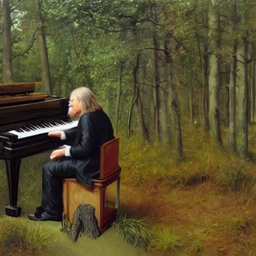 Image similar to ultra realistic painting of bach sitting on a piano inside of a forest, thick brush strokes, visible paint layers, taken from the back of bach.