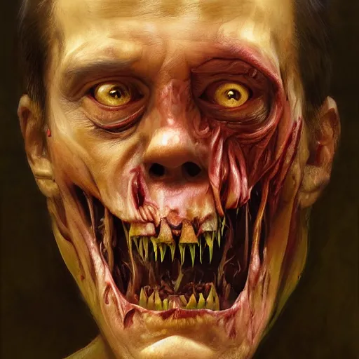 Image similar to a portrait of dmitry medvedev, flesh eating worms, macabre, horror saw teeth, horror rotten teeth, by donato giancola and greg rutkowski and wayne barlow and zdzisław beksinski, realistic face, visible face, digital art, artstation, symmetry