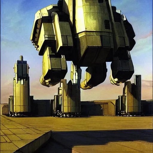 Image similar to a giant tank bot. science fiction. cinematic sci - fi scene. symmetry. accurate anatomy. science fiction theme. brutalism. intricate detail. epic. retrofuturism. surrealism. intimidating. retrofuturism. art by john singer sargent - akira toriyama - keith parkinson - joaquin sorolla - edward hopper - kev walker