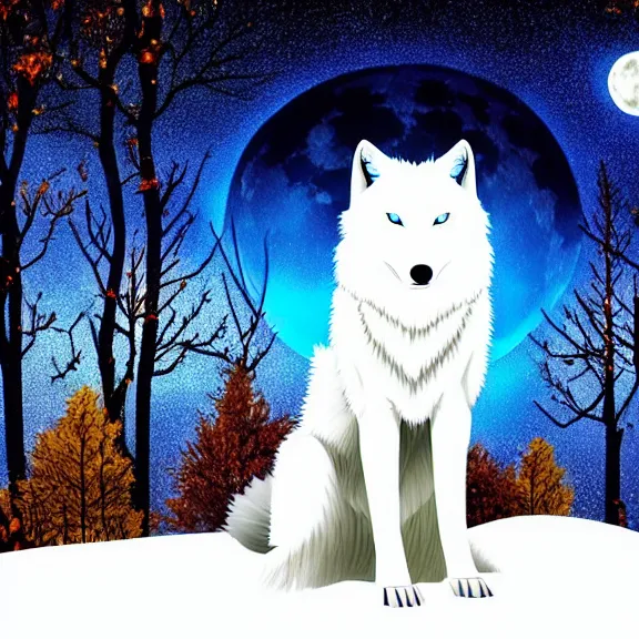 Image similar to white wolf with blue eyes stands in a dark night dormant autumn forest with magic moon in sky, no yellow color in eyes, no yellow color, realistic