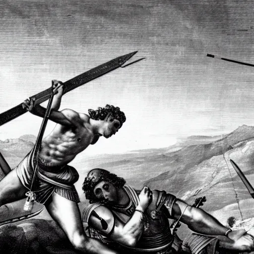 Prompt: a photograph of Achilles impaling Hector on top of Mount Olympus