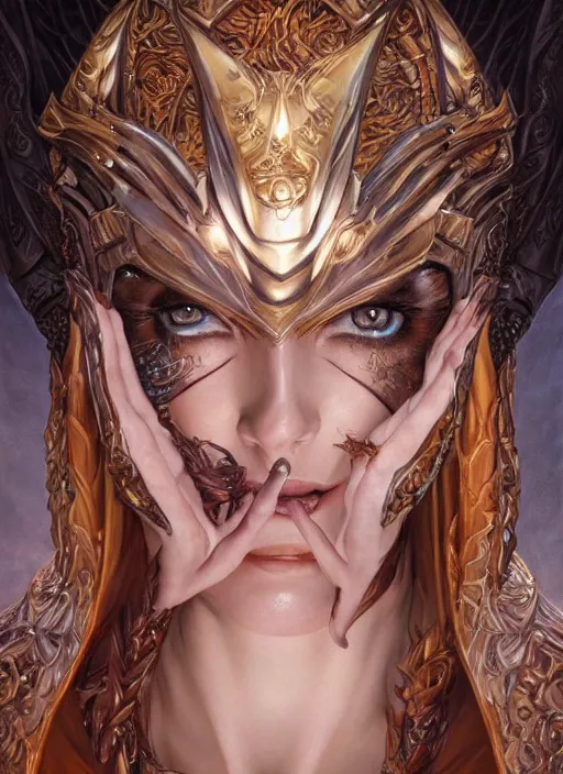 Image similar to a highly detailed symmetrical body shot and face of a evil female fantasy paladin sorceress with piercing beautiful eyes, art by artgerm and karol bak and mark brooks and donato giancola and bayard wu, oil painting, reallusion character creator, depth perception, elegant, intricate