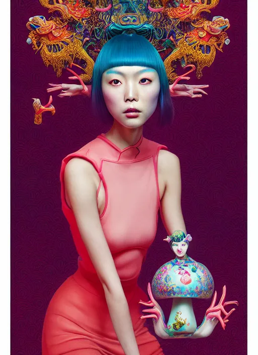 Image similar to pretty chinese model with hallucination mushroom : : by martine johanna and simon stalenhag and chie yoshii and casey weldon and wlop : : ornate, dynamic, particulate, rich colors, intricate, elegant, highly detailed, centered, vogue, harper's bazaar art, fashion magazine, smooth, sharp focus, octane render, 8 k