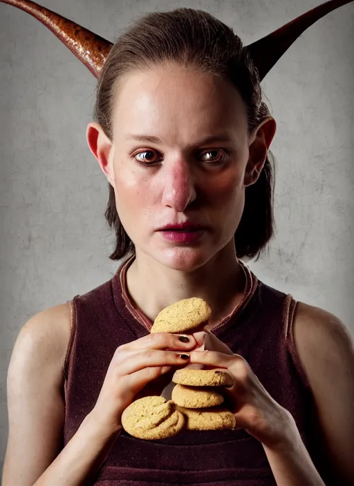 Image similar to closeup portrait of a female medieval goblin eating cookies, depth of field, zeiss lens, detailed, symmetrical, centered, fashion photoshoot, by Annie Leibovitz and Steve McCurry, David Lazar, Jimmy Nelsson, Breathtaking, 8k resolution, extremely detailed, beautiful, establishing shot, artistic, hyperrealistic, beautiful face, octane render