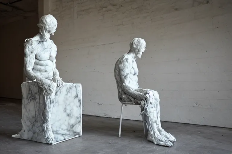 Image similar to a sculpture of a person sitting on a chair, a white marble sculpture covered with floating wax by nicola samori, behance, neo - expressionism, marble sculpture, apocalypse art, made of mist