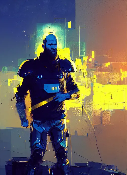 Image similar to jason statham in cyber armor, golden and blue hour, by ismail inceoglu