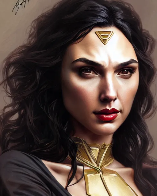 Image similar to gal gadot vampire, perfect face, gold waistcoat, cinematic, stunning, highly detailed, digital painting, artstation, smooth, hard focus, illustration, art by artgerm and greg rutkowski and alphonse mucha