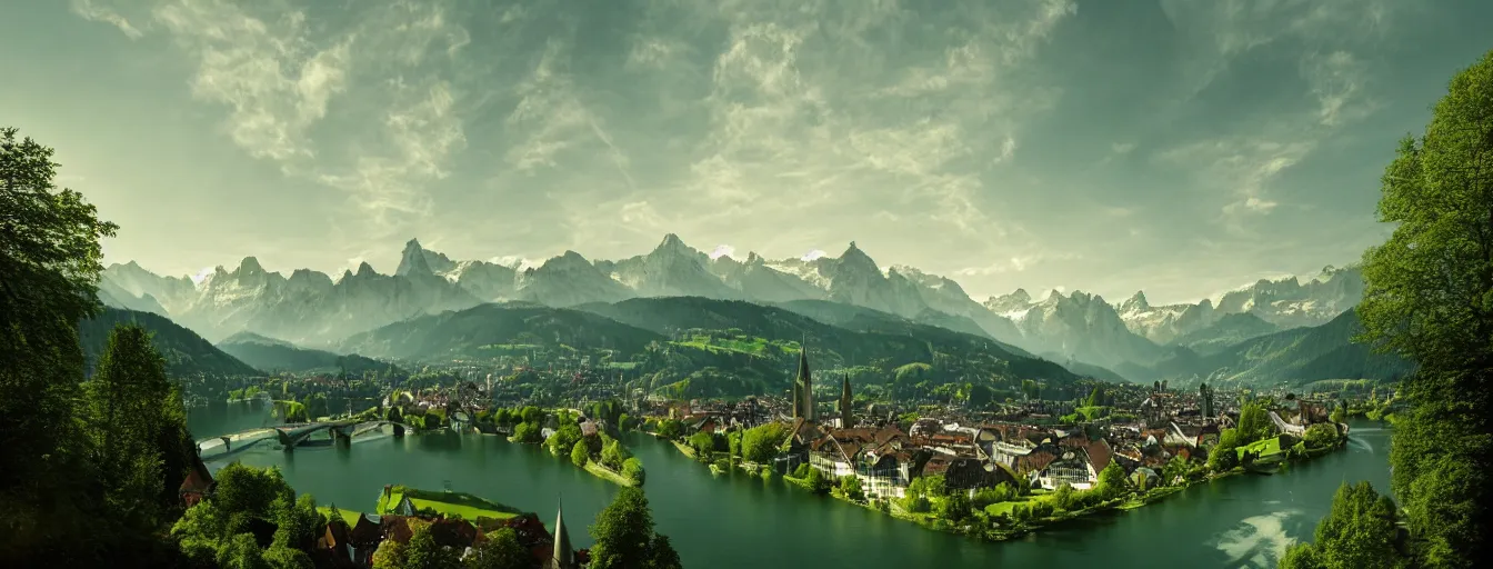 Image similar to Photo of Zurich, looking down the river at the lake and the alps, Hardturm, Grossmünster, wide angle, trees, volumetric light, hyperdetailed, green water, artstation, cgsociety, 8k