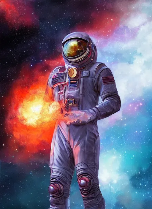 Image similar to black man in an advanced spacesuit in front of exploding nebulae, digital illustration trending on artstation by artgerm and rutkowski