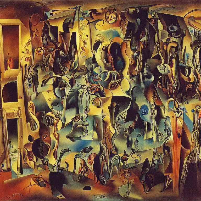 Prompt: room of chaos by salvador dali, abstract surrealism, colorful, masterpiece