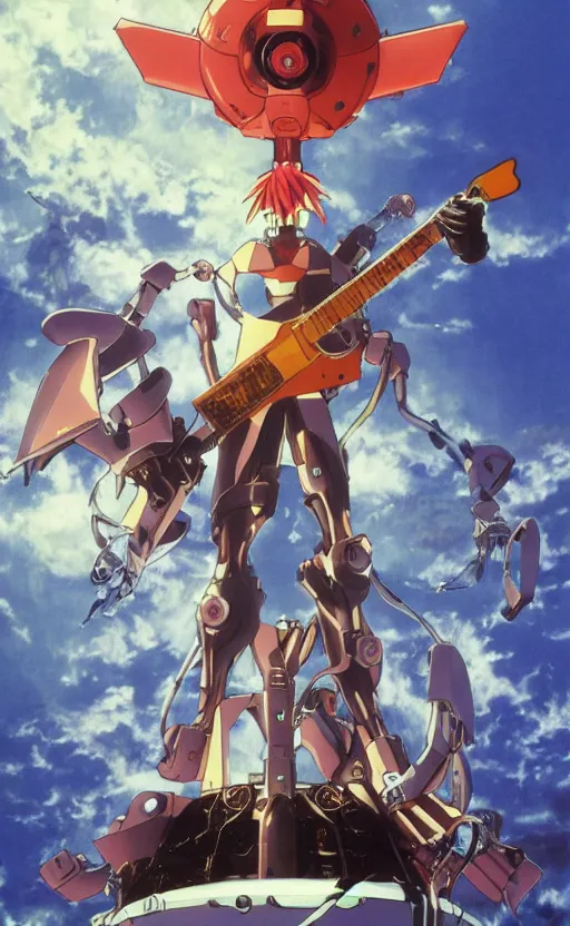 Prompt: < evangelion unit - 0 3 > stands in the ocean with a big < steampunk guitar >, movie poster,, 3 d anime, arcane style, retropunk, high resolution, 4 k, retrofuturism, by < yoshiyuki sadamoto > and ghibli