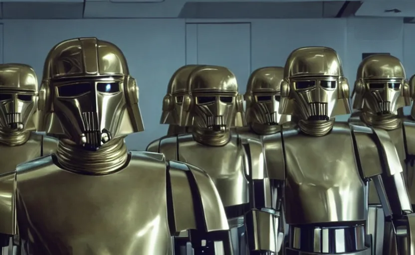 Image similar to screenshot portrait of Luke Skywalker with a fleet of a dozen chrome C-3P0 droids, iconic scene from 1980s film by Stanley Kubrick, 4k, cinematic still frame, surreal sci fi architecture, portrait photoreal, detailed face, moody lighting, stunning cinematography, hyper detailed, sharp, anamorphic lenses, kodak color film stock