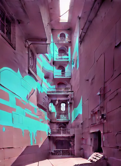 Image similar to matte painting extreme offset 3 d calligraphy graffiti mural dripping paint wall extreme maximalism by mc escher, by atey ghailan, by greg rutkowski, by greg tocchini, by james gilliard, by joe fenton, pink, brown, black and light blue color scheme, octane render