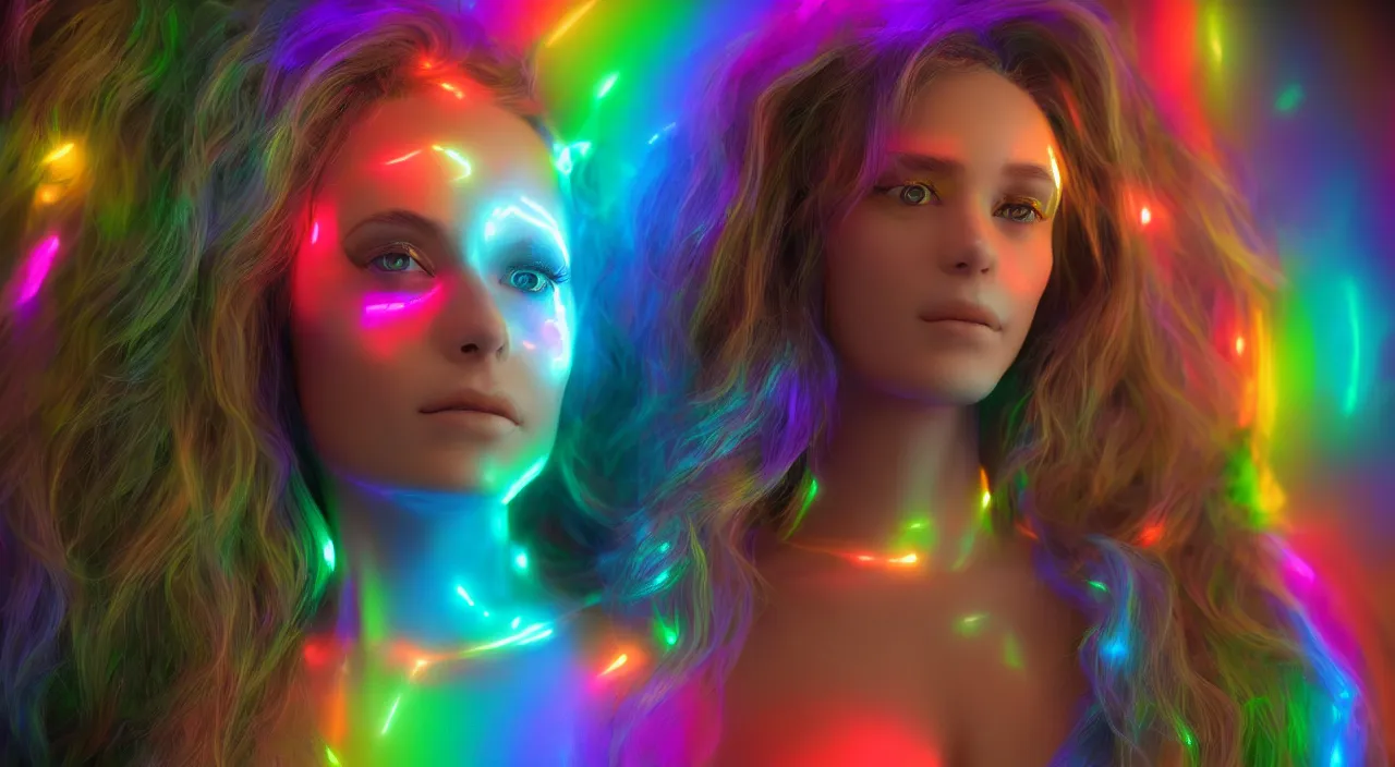 Image similar to beautiful woman with rainbow lights on her face, artists camera positions, 70mm, trending on artstation, octane render,