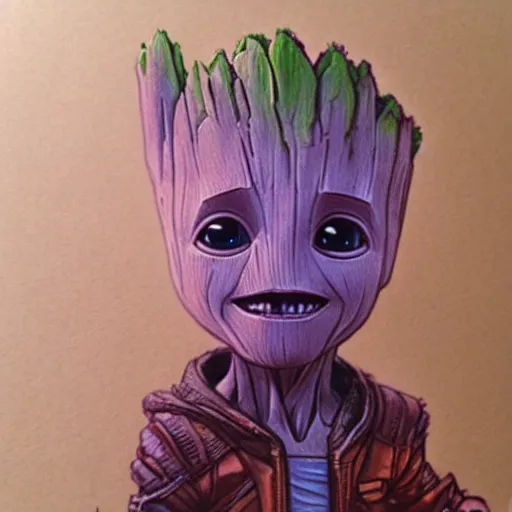 Image similar to a baby groot portrait in the style of drew struzan