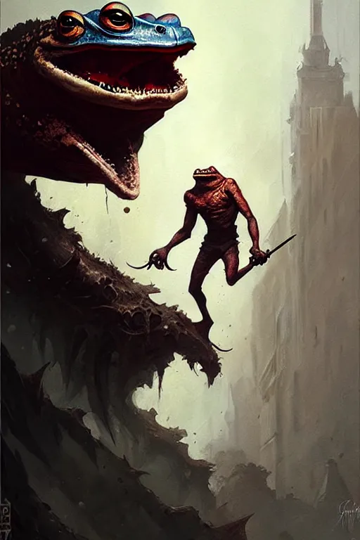 Prompt: greg rutkowski painting poster. giant man - eating toad