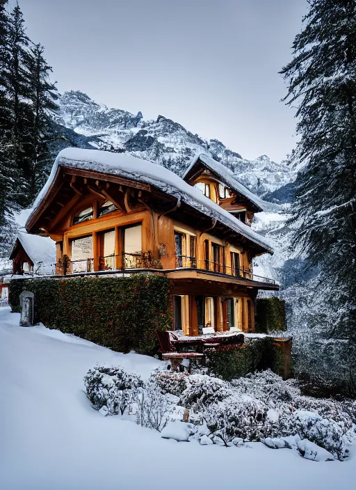 Prompt: an exquisite holiday home in the middle of the snowcapped mountains of france, visible through the lush overgrowth, architectural photography, dark and dim lighting, beautiful, tranquil, moody, cinematic, fantasy, 3 5 mm lens, volumetric lighting, first person view, photographic render, hyper realistic
