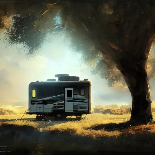 Image similar to an rv under a cottonwood tree, dramatic lighting, illustration by greg rutkowski, yoji shinkawa, 4 k, digital art, concept art, trending on artstation