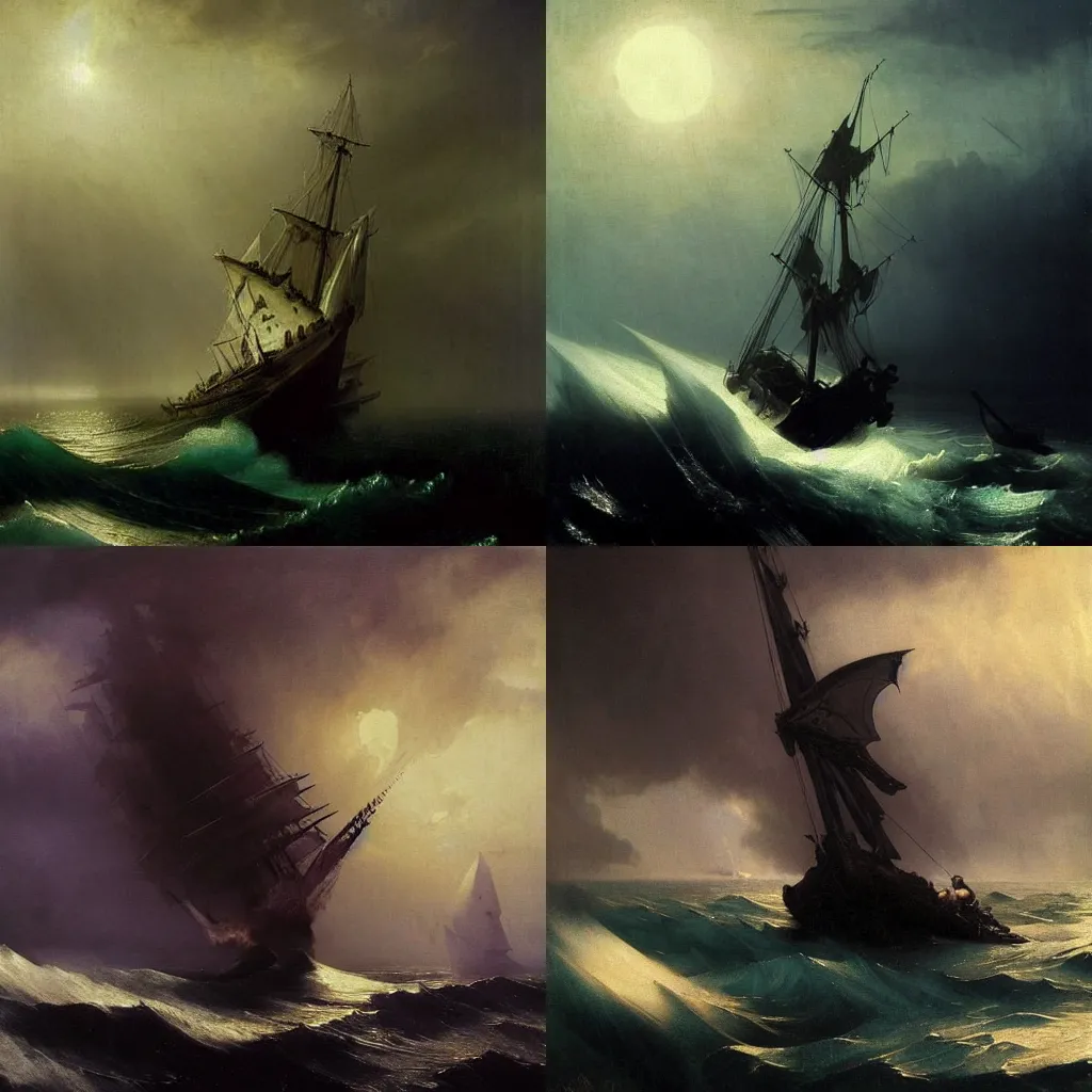 Prompt: A majestic gothic nautical dragon, by Ivan Aivazovsky, by Caravaggio, by Greg Rutkowski, masterpiece, oil on canvas, trending on artstation, top on pixiv, cinematic composition, dramatic scene, beautiful lighting, artgem, aesthetic!, planetary landscape, concept art, sharp, high details, hyper-detailed, astrophotography, no frames, 8K