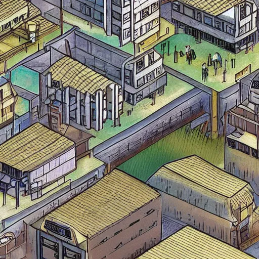 Prompt: japanese fishing town, japanese city, underground city, modern city, tokyo - esque town, 2 0 0 1 anime, cel - shading, compact buildings, sepia sunshine